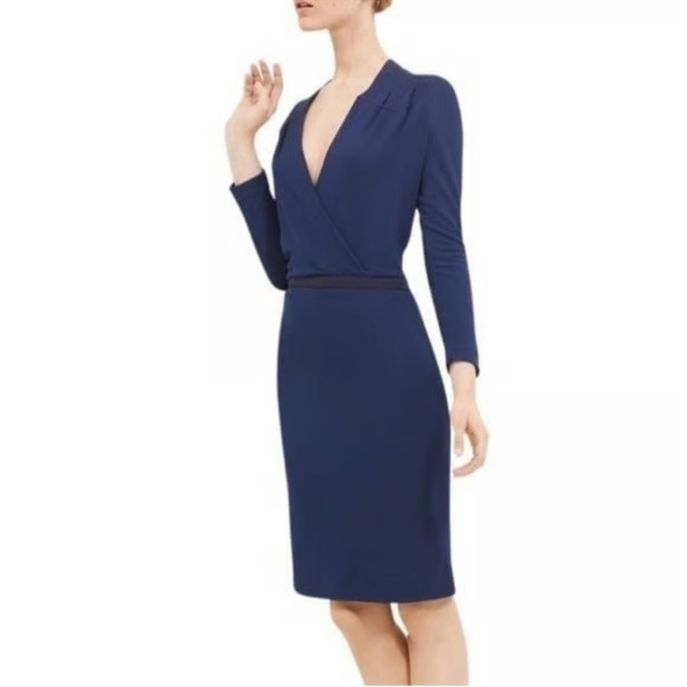 Piazza Sempione Navy Blue Faux Wrap Surplice Pleated Dress Sz 6